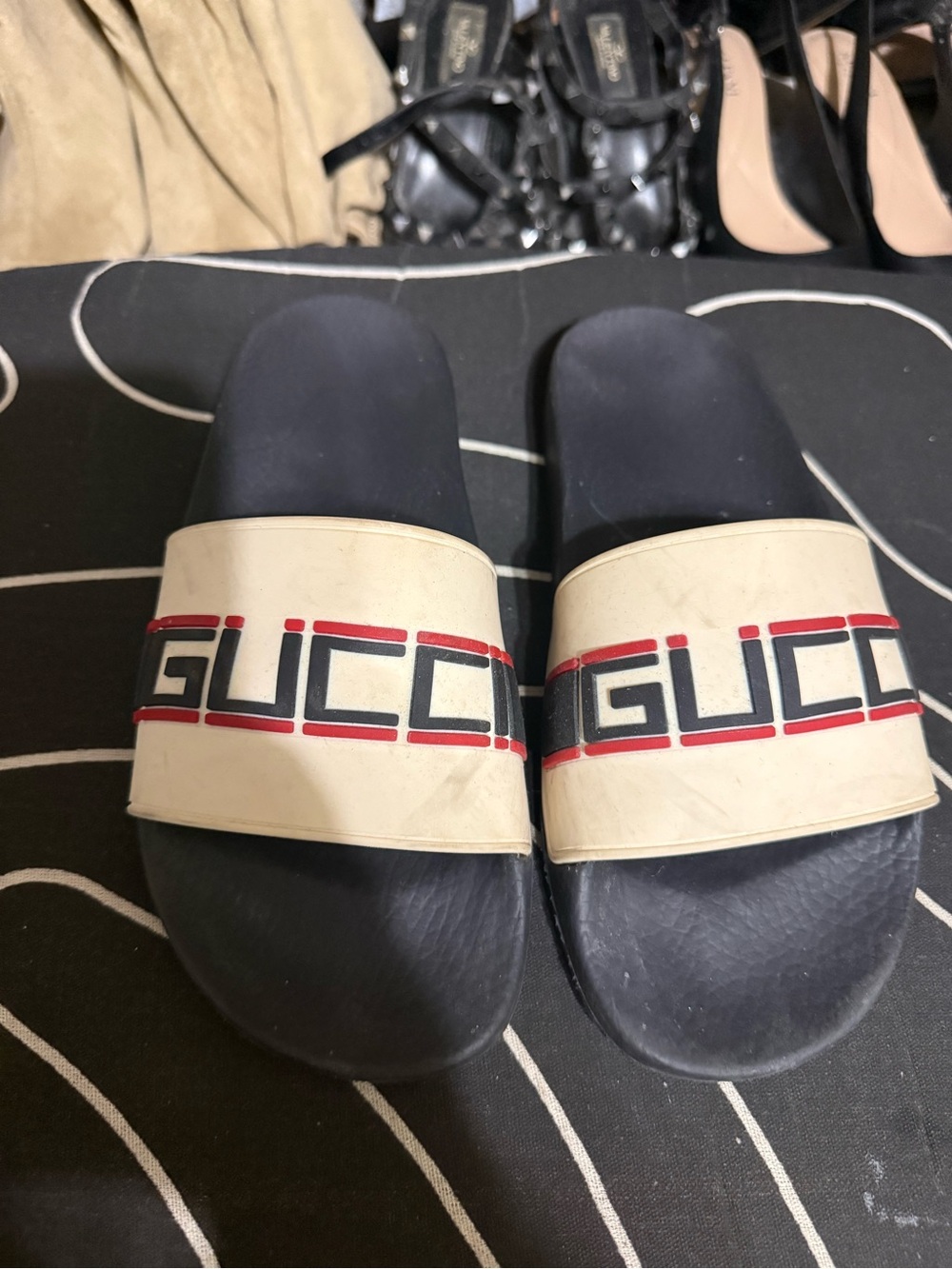 Gucci Black, Beige & Red Logo Slide Sandals